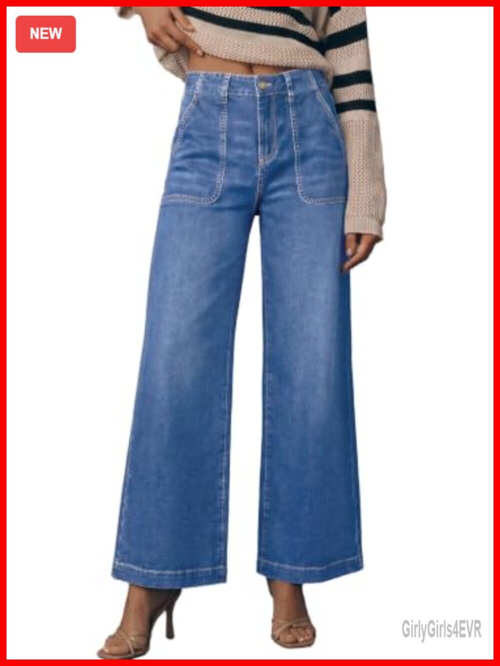 High Waisted Wide Leg Baggy Stretch Straight Leg Denim Jeans with Pockets